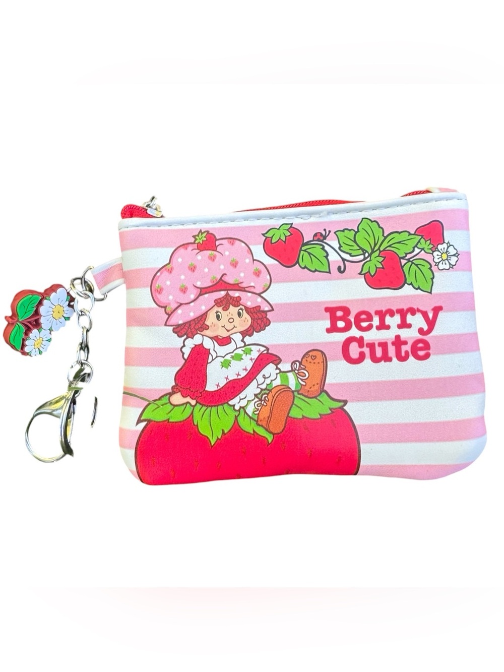 Strawberry Shortcake Berry Cute Striped Pink ID Wallet Zipper Coin Bag Keychain